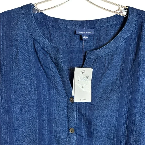 Purejill Indigo Textured Tunic Top Parker Wash Long Sleeve Sz L NWT - Picture 3 of 7